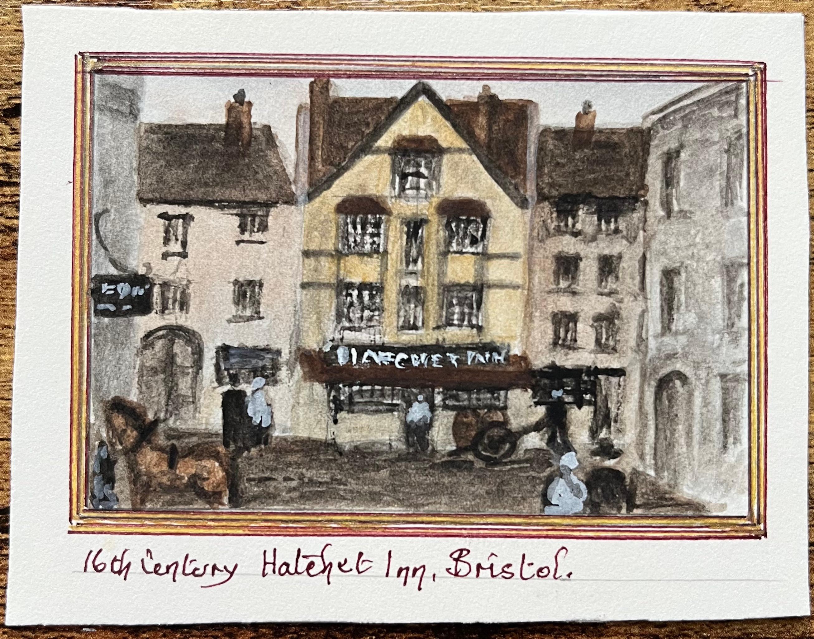 Historic Miniature Watercolor of a 16th-Century Hatchet Inn in Bristol - Painting by Jack Grunwell