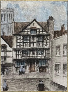 Acuarela histórica en miniatura de Ye Shakespeare Inn y Temple Tower en Bristol