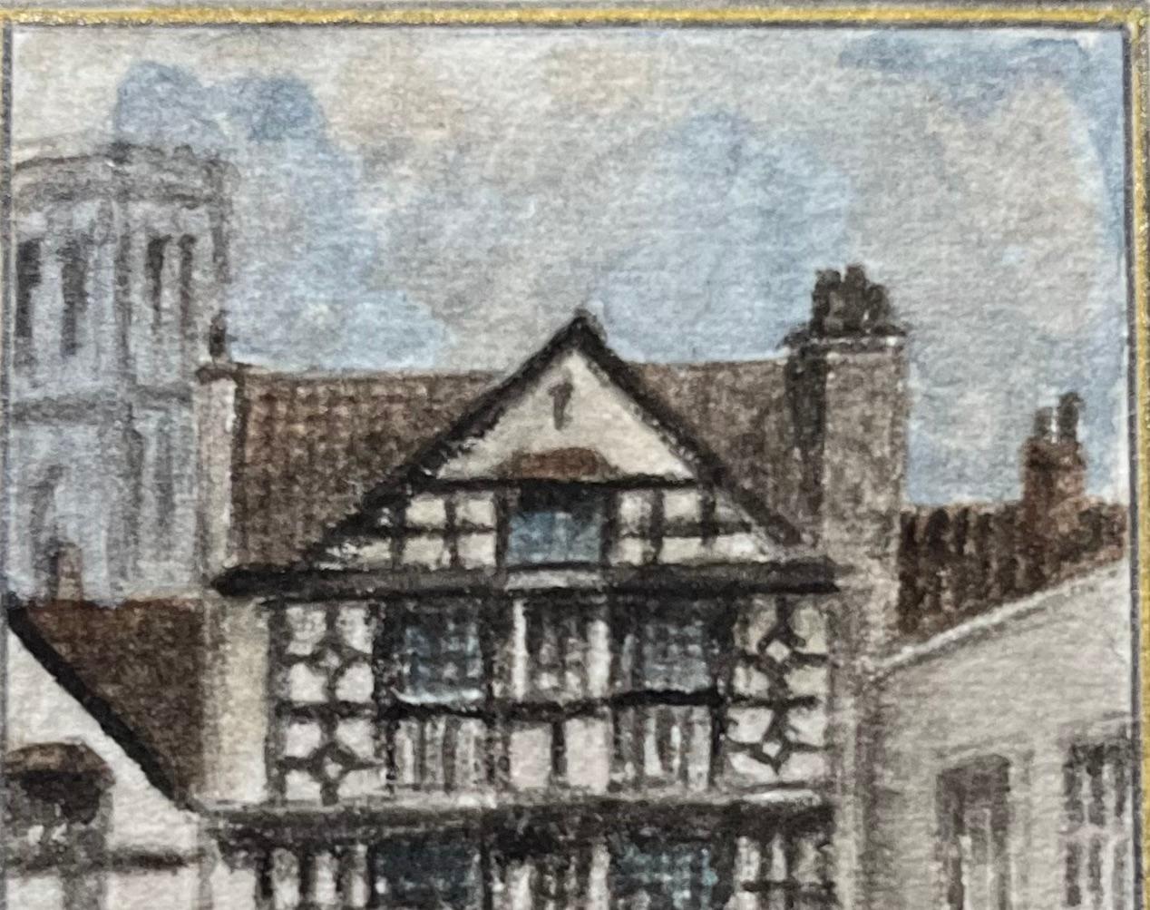 Historic Miniature Watercolor of Ye Shakespeare Inn and Temple Tower in Bristol - Gray Landscape Painting by Jack Grunwell