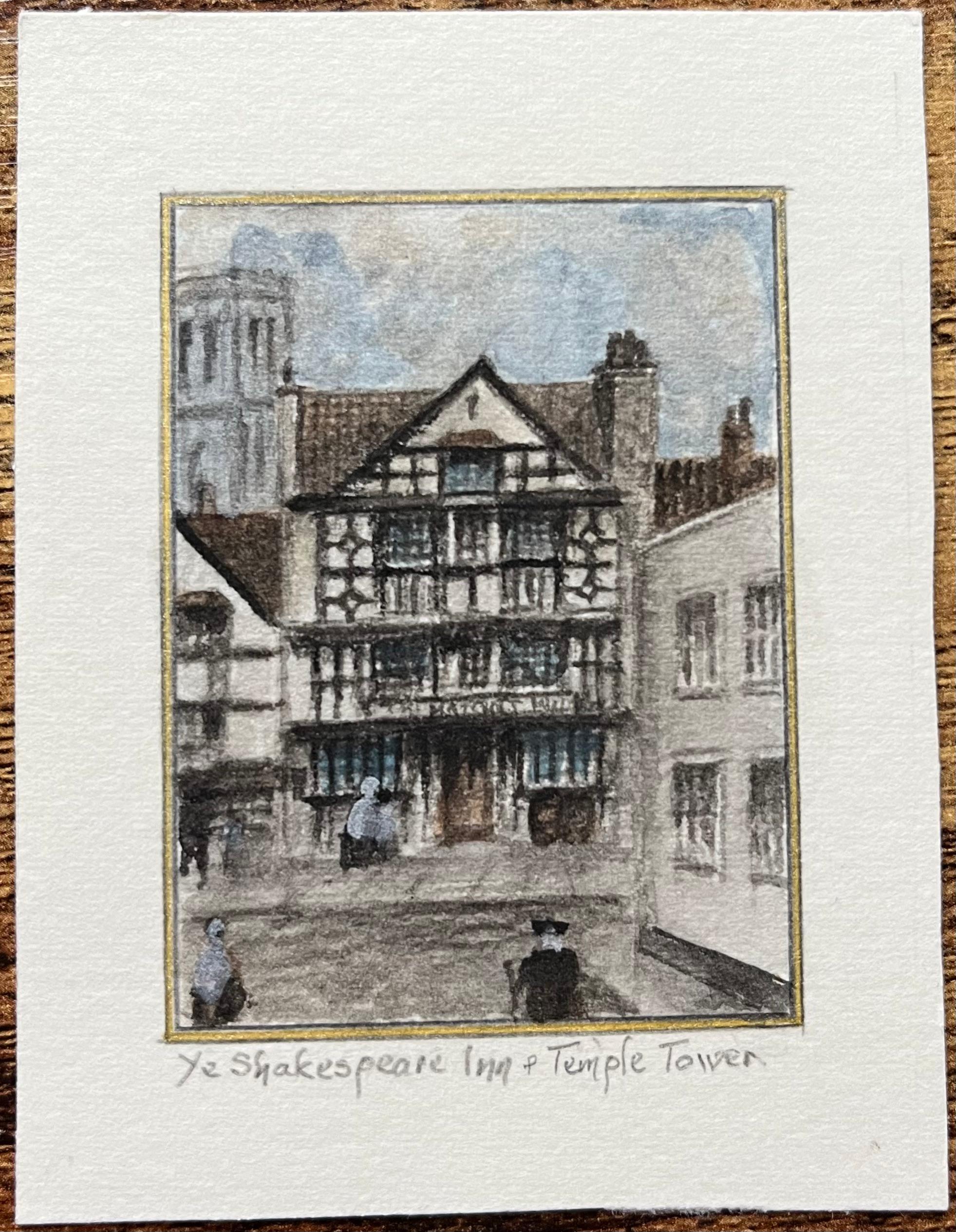 Historic Miniature Watercolor of Ye Shakespeare Inn and Temple Tower in Bristol - English School Painting by Jack Grunwell