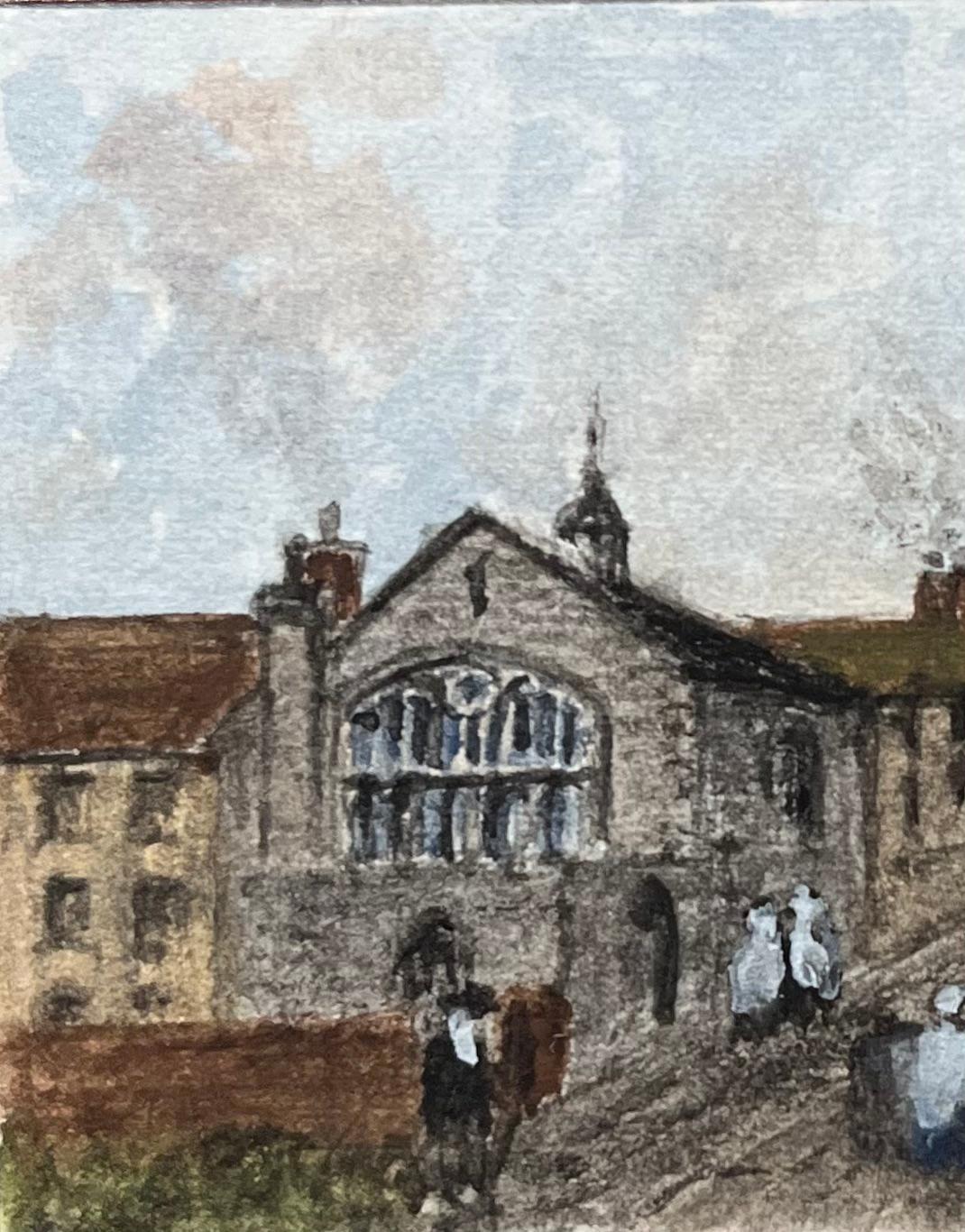 Historisches Miniatur-Aquarell der Kapelle der Heiligen Drei Könige, Foster's Almshouses (Grau), Landscape Painting, von Jack Grunwell