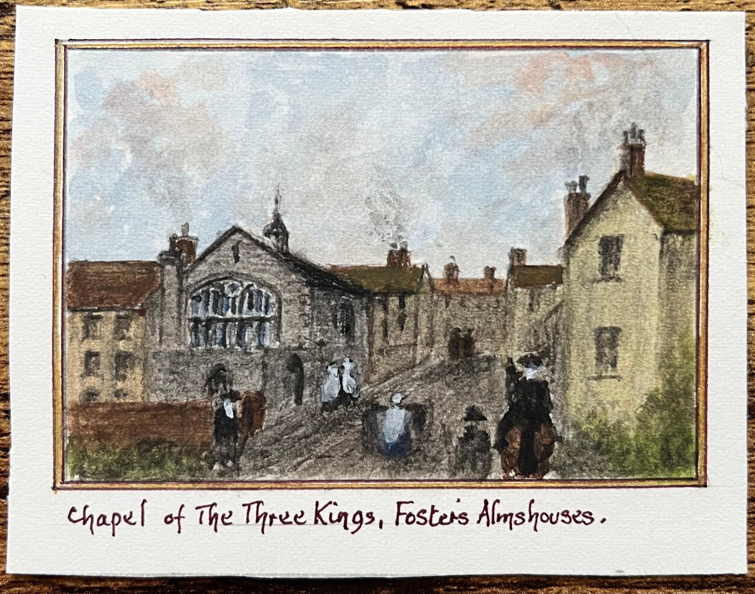 Historisches Miniatur-Aquarell der Kapelle der Heiligen Drei Könige, Foster's Almshouses – Painting von Jack Grunwell