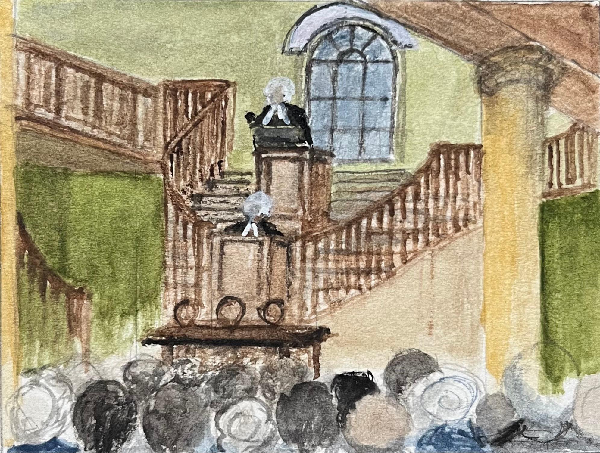 Jack Grunwell Landscape Painting - Historic Miniature Watercolor of John Wesley’s Chapel, Broadmead in Bristol