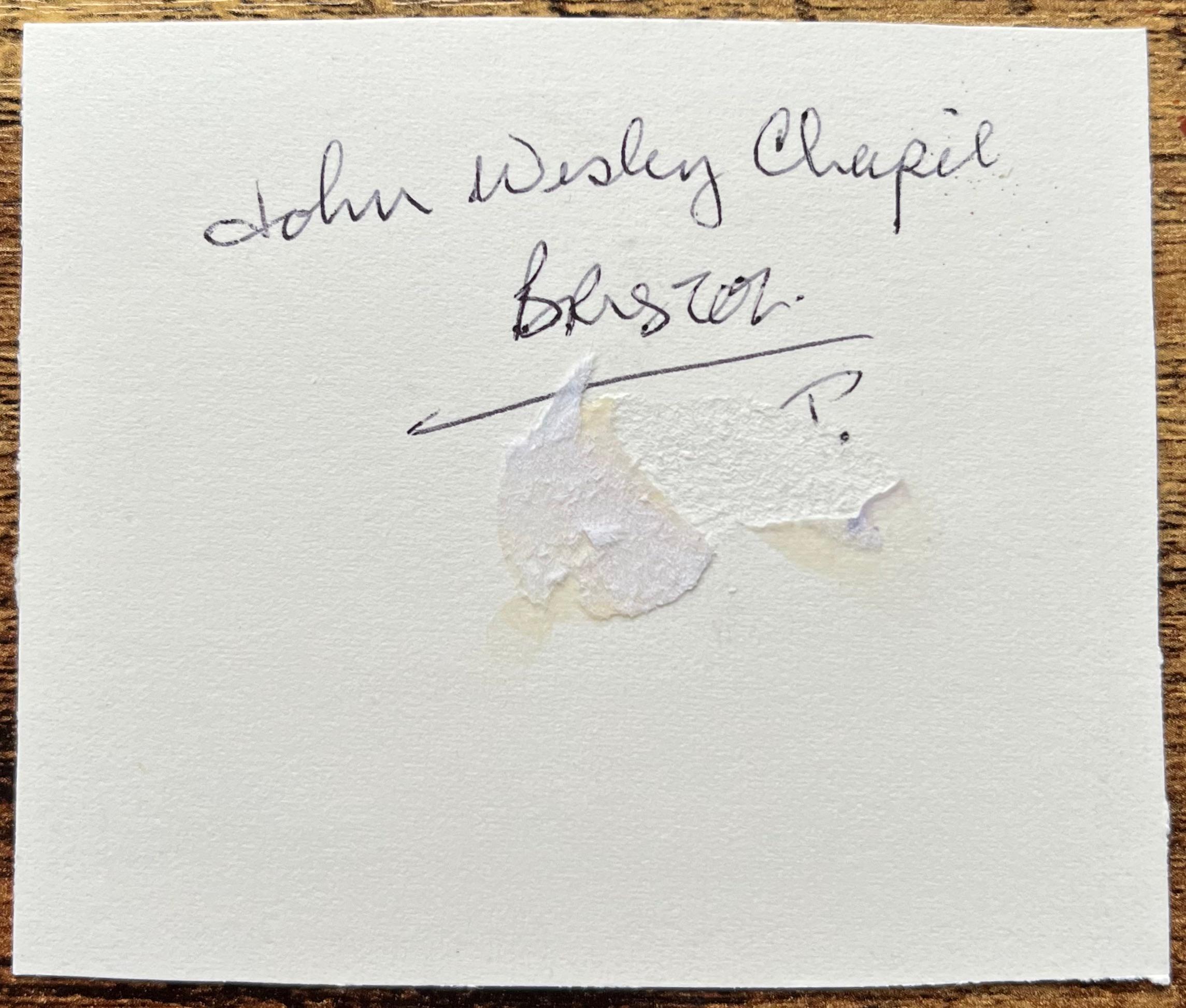 Title: Historic Miniature Watercolor of John Wesley’s Chapel, Broadmead in Bristol 
by Jack Grunwell, 20th century British artist 
Medium: Watercolor on thin card, unframed
Measurements: 3 inches (height) x 3.5 inches (width)
Condition: Very good