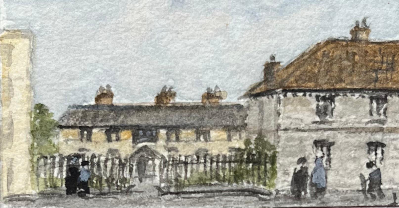 Acquerello storico di Sailors' Almshouses e Llandoger Trow Inn a Bristol - Painting Scuola inglese di Jack Grunwell