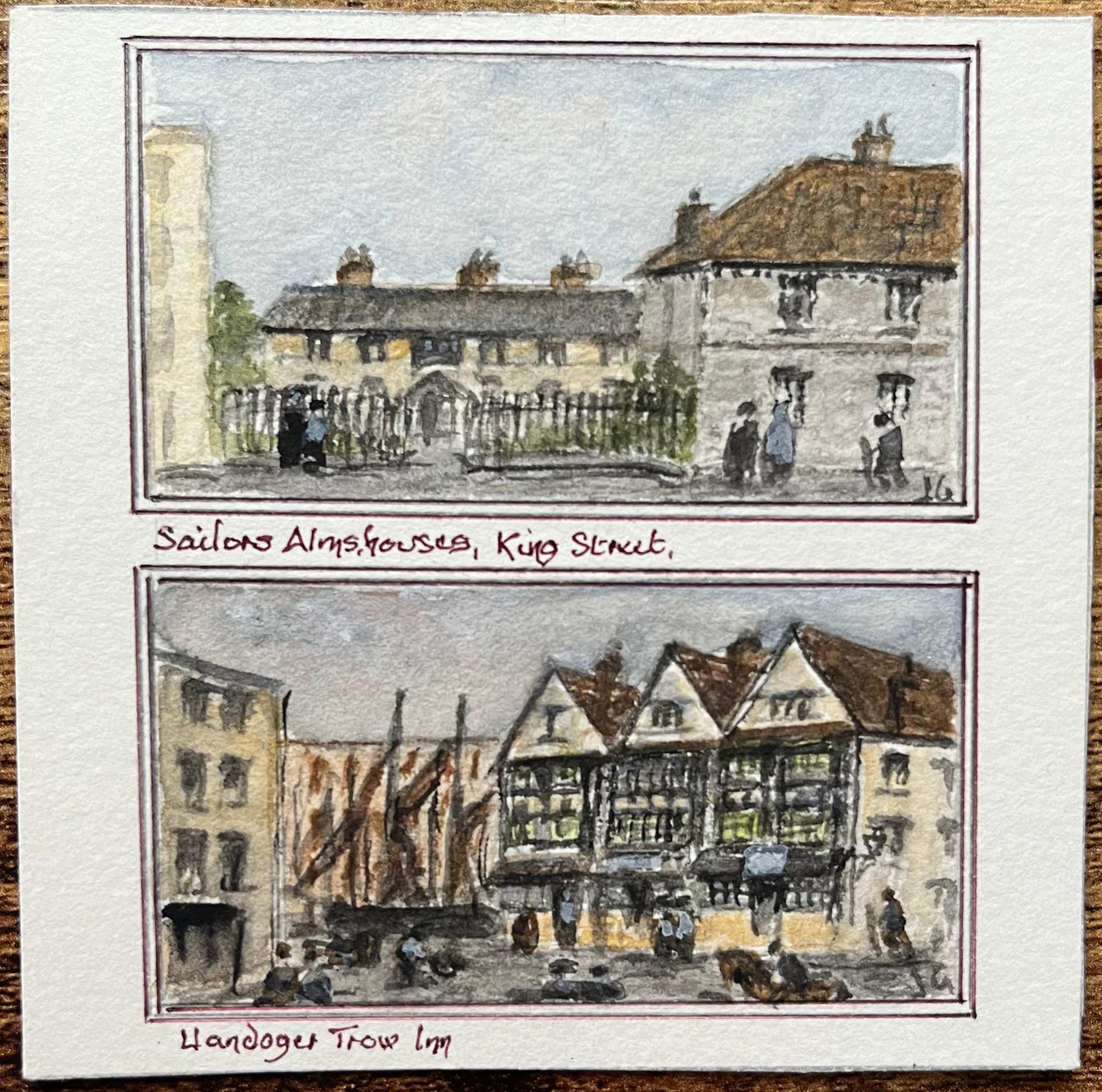 Acquerello storico di Sailors' Almshouses e Llandoger Trow Inn a Bristol - Painting di Jack Grunwell
