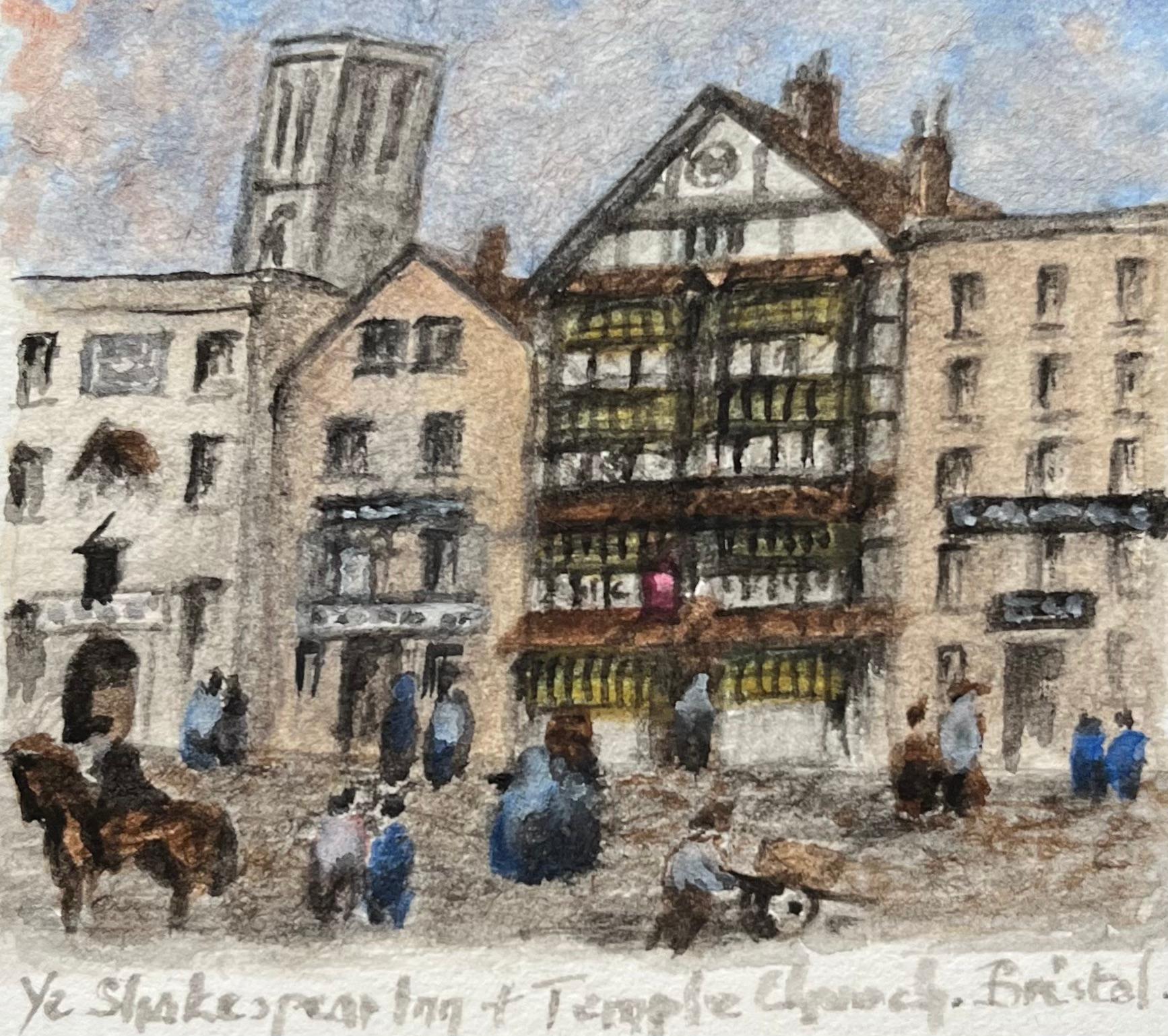 Jack Grunwell Landscape Painting - Historic Miniature Watercolor of Ye Shakespeare Inn & Temple Church in Bristol