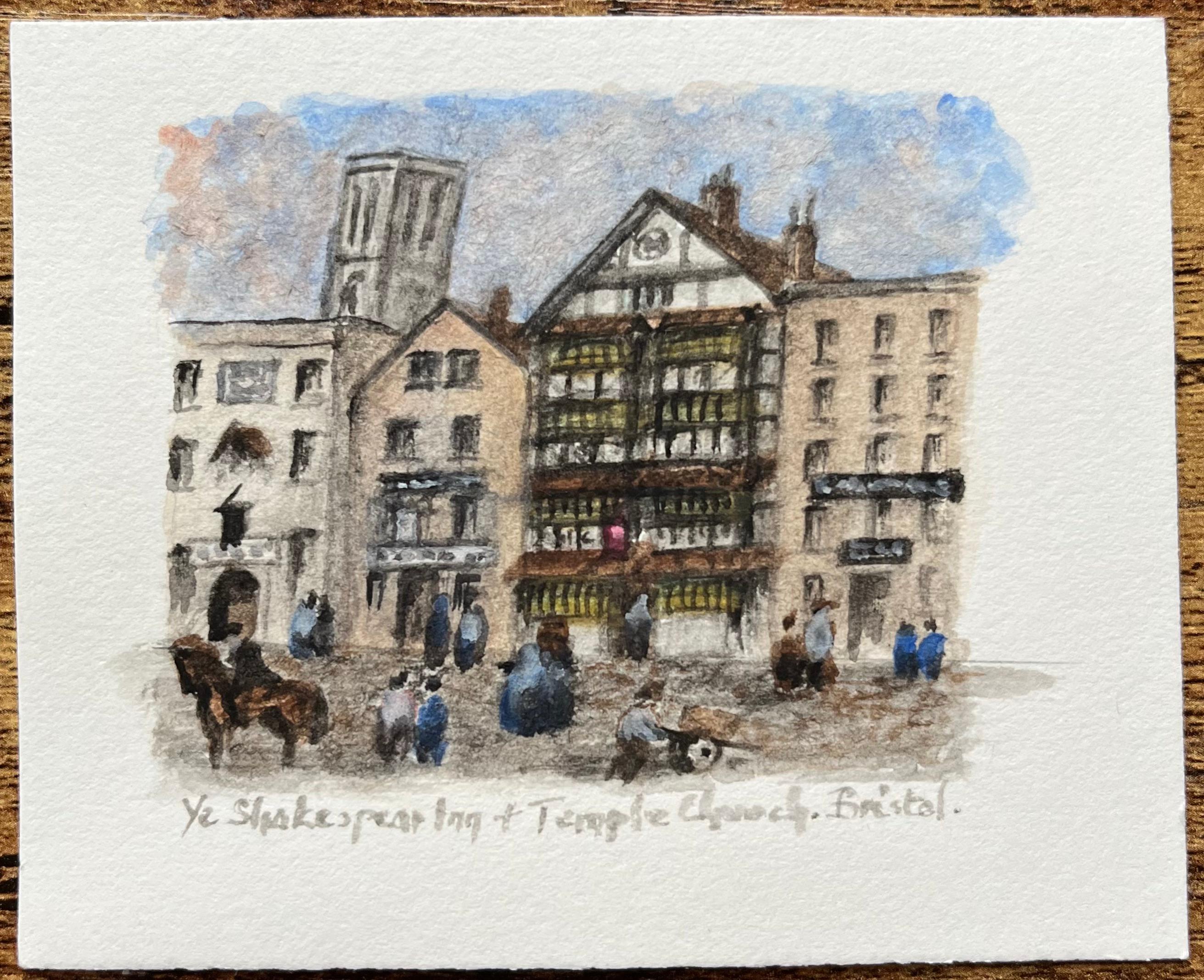Historic Miniature Watercolor of Ye Shakespeare Inn & Temple Church in Bristol - Painting by Jack Grunwell