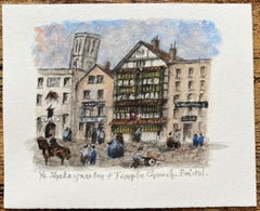 Historic Miniature Watercolor of Ye Shakespeare Inn & Temple Church in Bristol