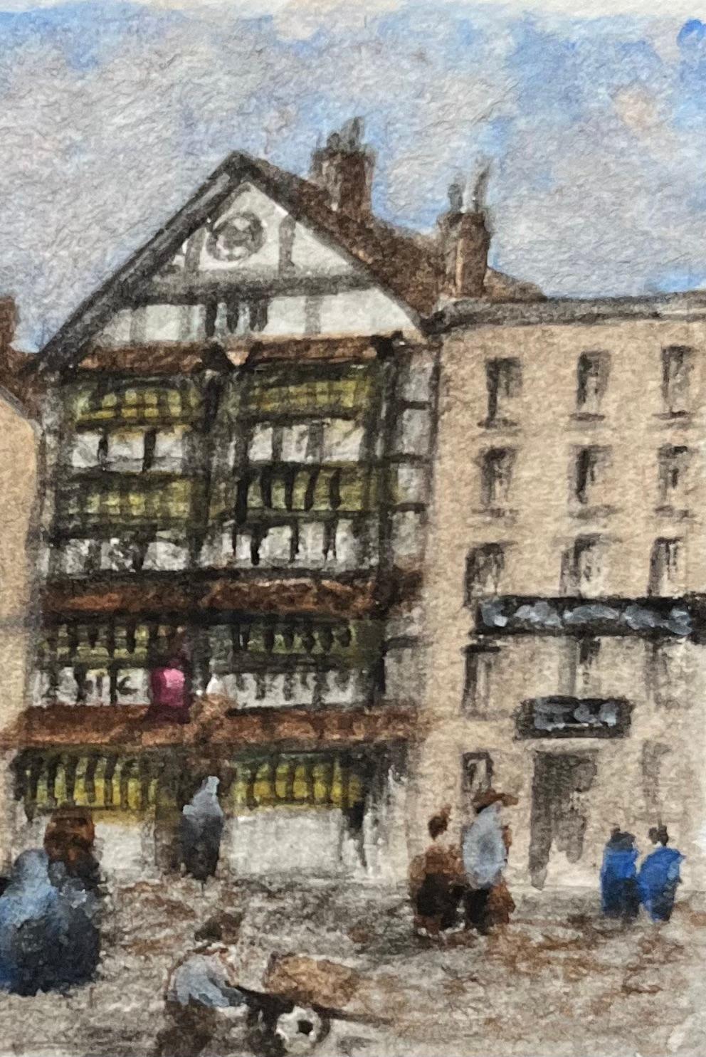 Historic Miniature Watercolor of Ye Shakespeare Inn & Temple Church in Bristol - English School Painting by Jack Grunwell