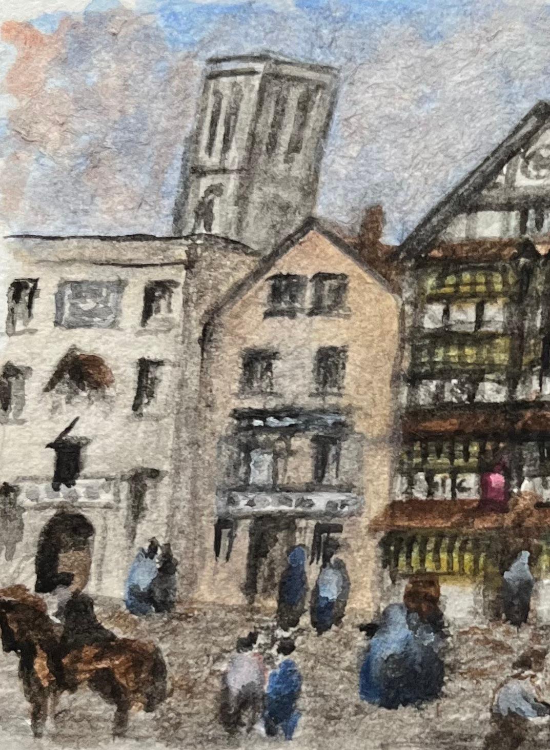 Historic Miniature Watercolor of Ye Shakespeare Inn & Temple Church in Bristol - Gray Landscape Painting by Jack Grunwell