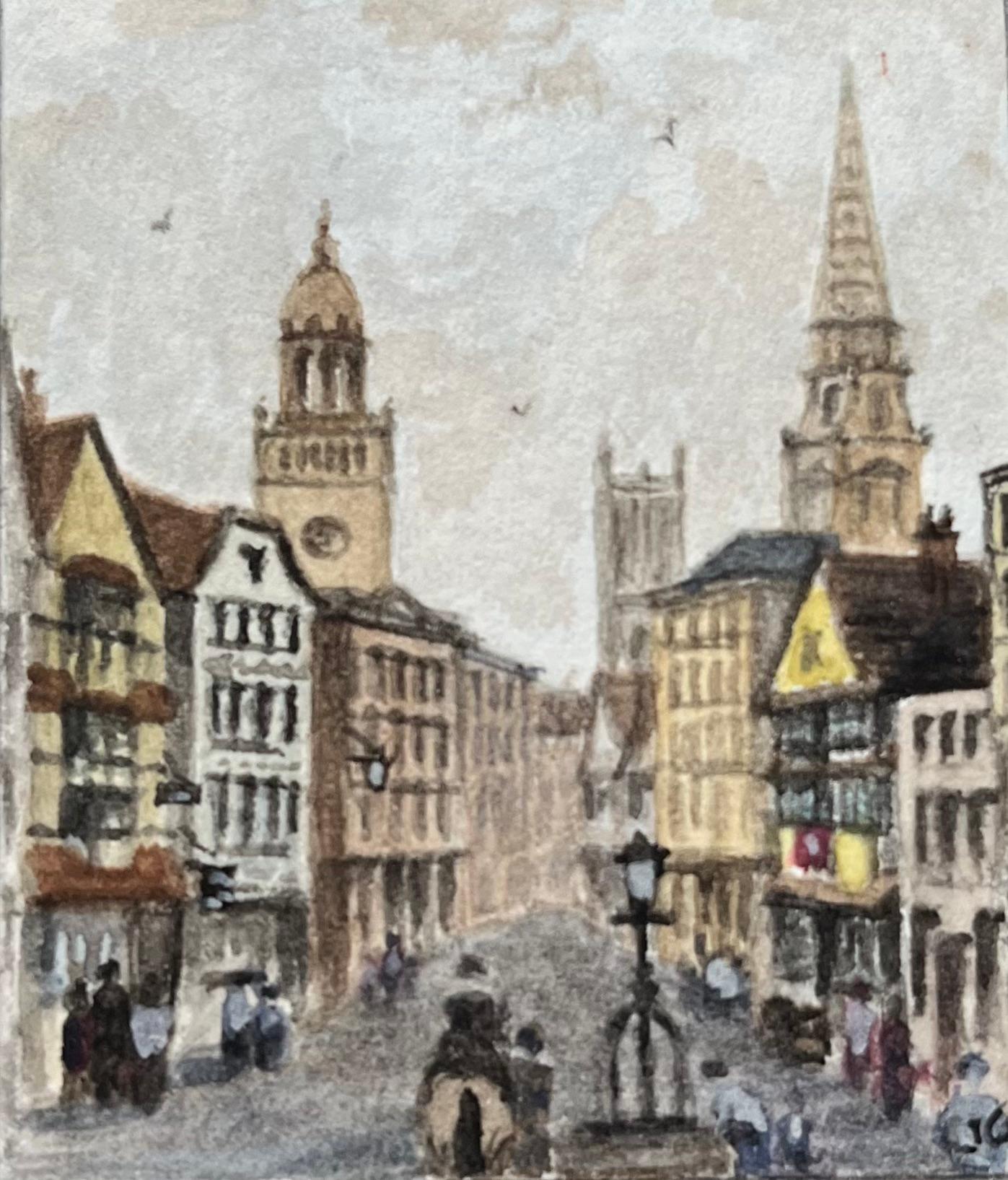 Landscape Art Jack Grunwell - Aquarelle miniature historique de Wine Street en direction de Corn Street à Bristol