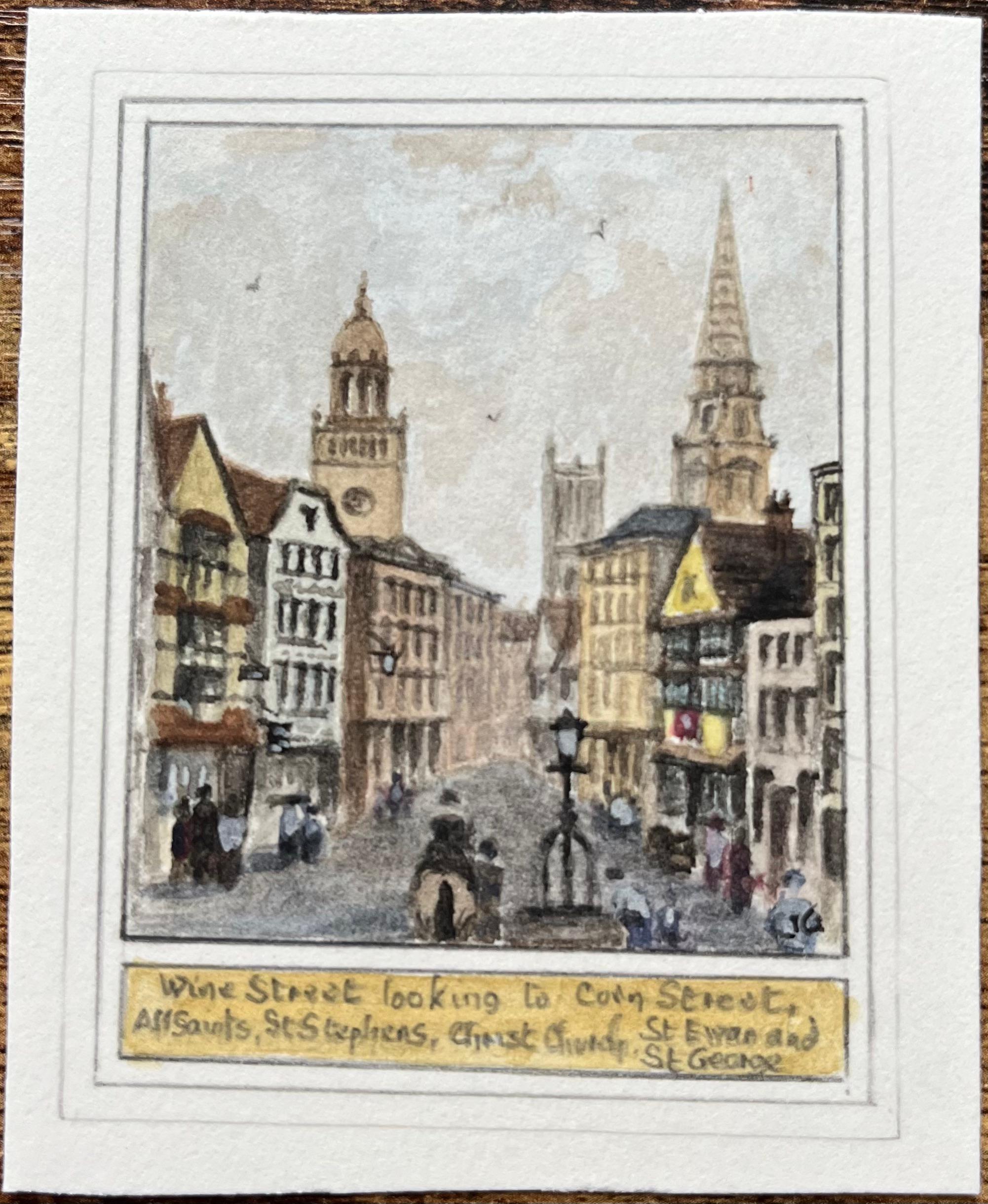 Aquarelle miniature historique de Wine Street en direction de Corn Street à Bristol - Art de Jack Grunwell