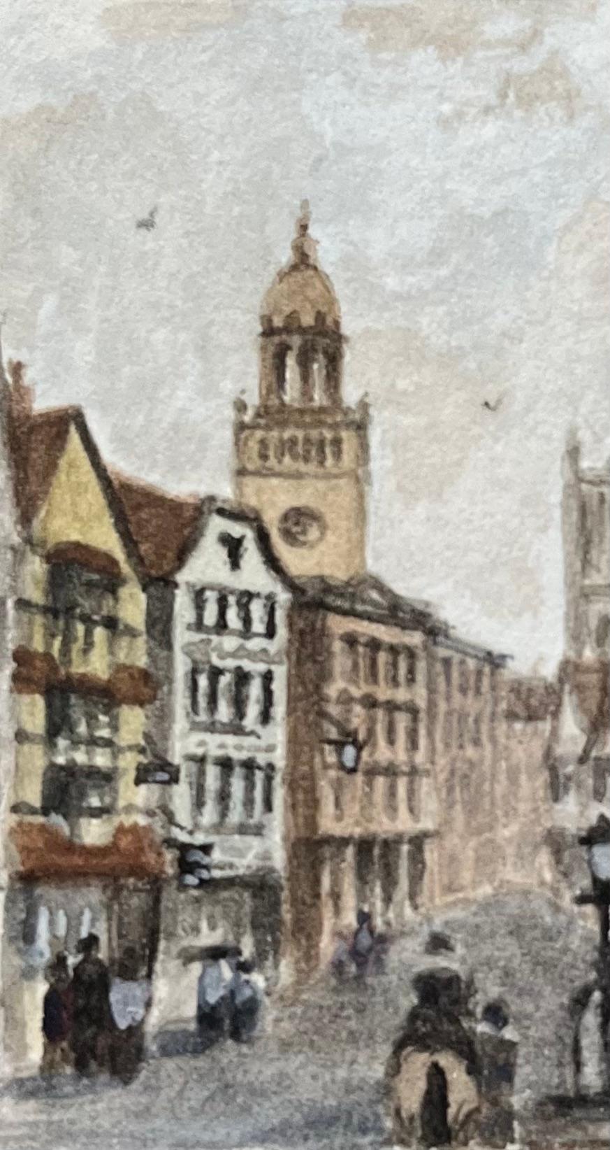 Aquarelle miniature historique de Wine Street en direction de Corn Street à Bristol - Gris Landscape Art par Jack Grunwell
