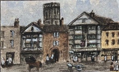 Acuarela histórica en miniatura de la posada de Shakespeare y la torre inclinada de la iglesia del Temple