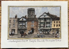 Historic Miniature Watercolor of Shakespeare Inn and Temple Church Leaning Tower