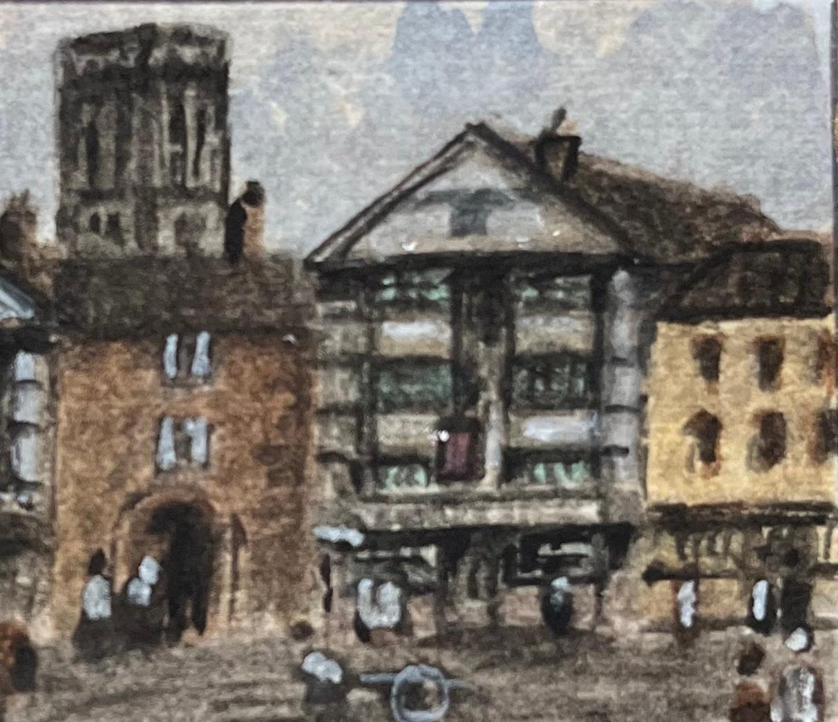 Historic Miniature Watercolor of Shakespeare Inn and Temple Church Leaning Tower - English School Painting by Jack Grunwell