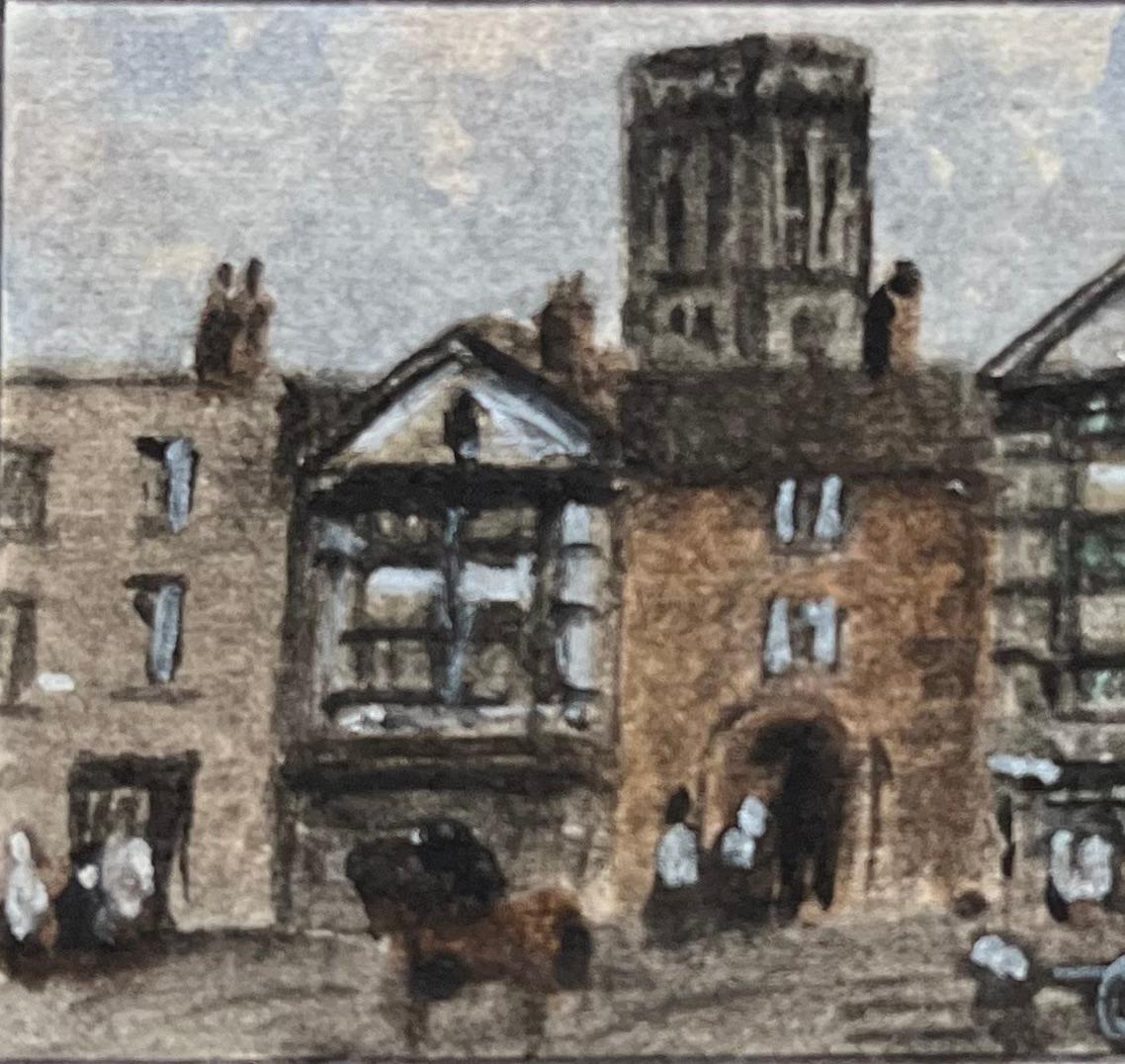 Historic Miniature Watercolor of Shakespeare Inn and Temple Church Leaning Tower - Gray Landscape Painting by Jack Grunwell