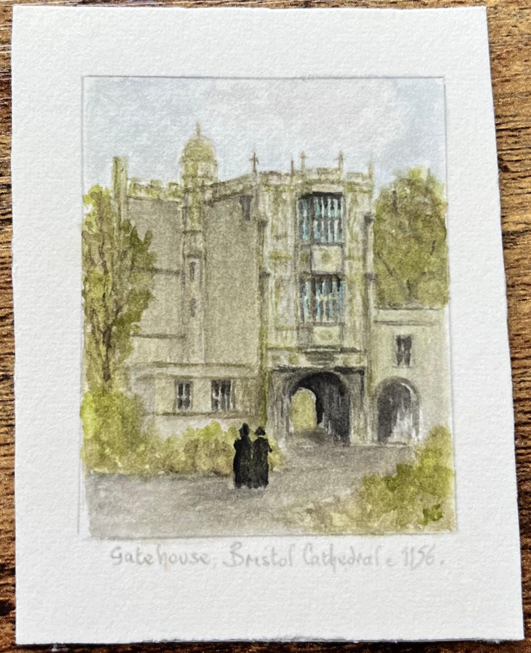 Acquerello storico in miniatura della Porta della Cattedrale di Bristol, 1156 ca. - Painting di Jack Grunwell
