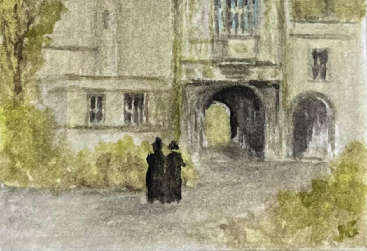 Acquerello storico in miniatura della Porta della Cattedrale di Bristol, 1156 ca. - Landscape Painting Marrone di Jack Grunwell