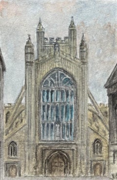 Acuarela histórica en miniatura de la Abadía de Bath Vista desde la fachada oeste