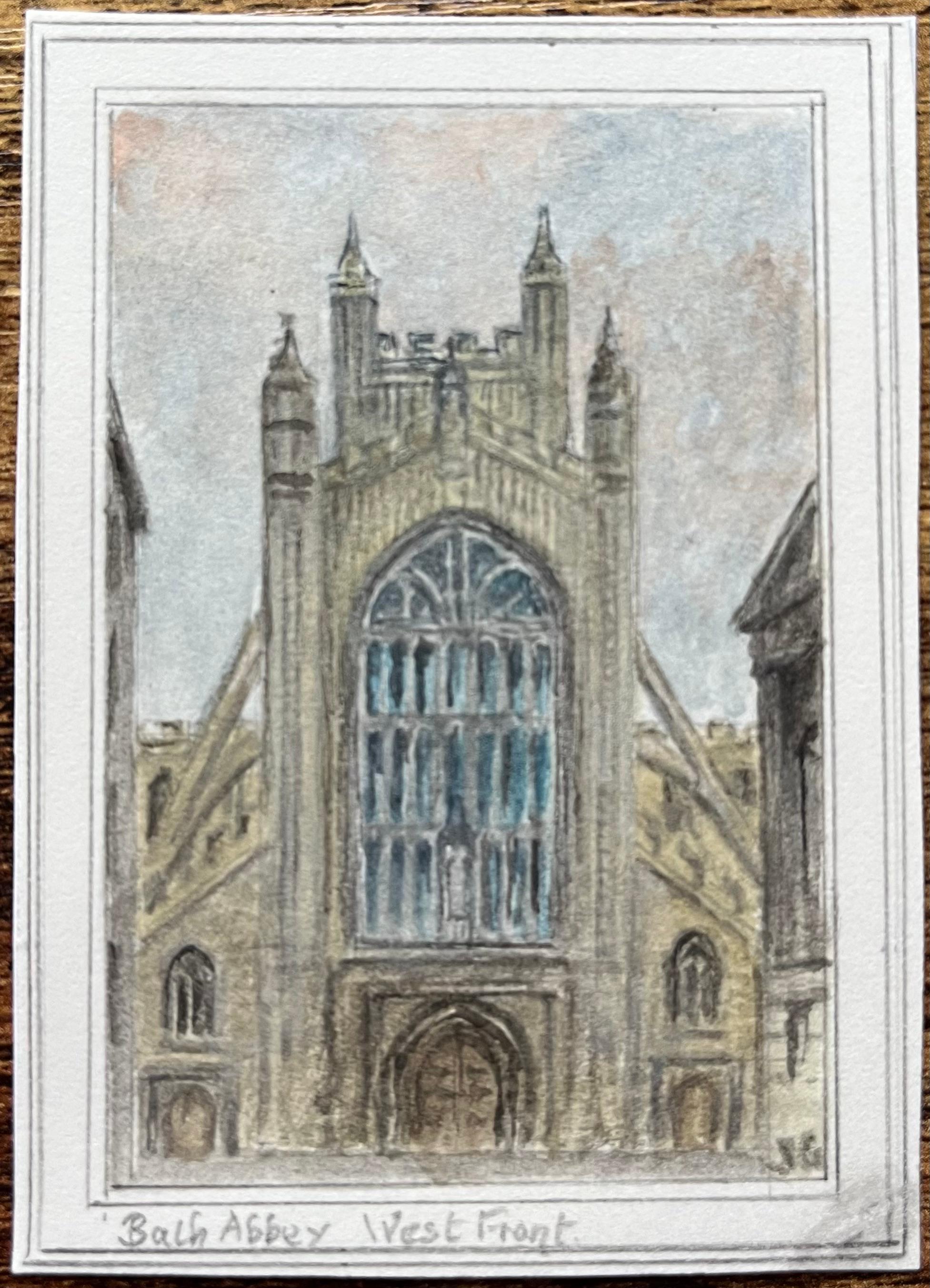 Historic Miniature Watercolor of Bath Abbey View from the West Front - Painting by Jack Grunwell
