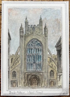 Acquerello storico in miniatura dell'Abbazia di Bath vista dalla facciata occidentale