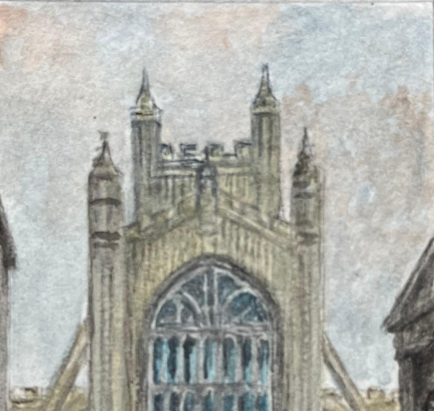 Historic Miniature Watercolor of Bath Abbey View from the West Front - English School Painting by Jack Grunwell