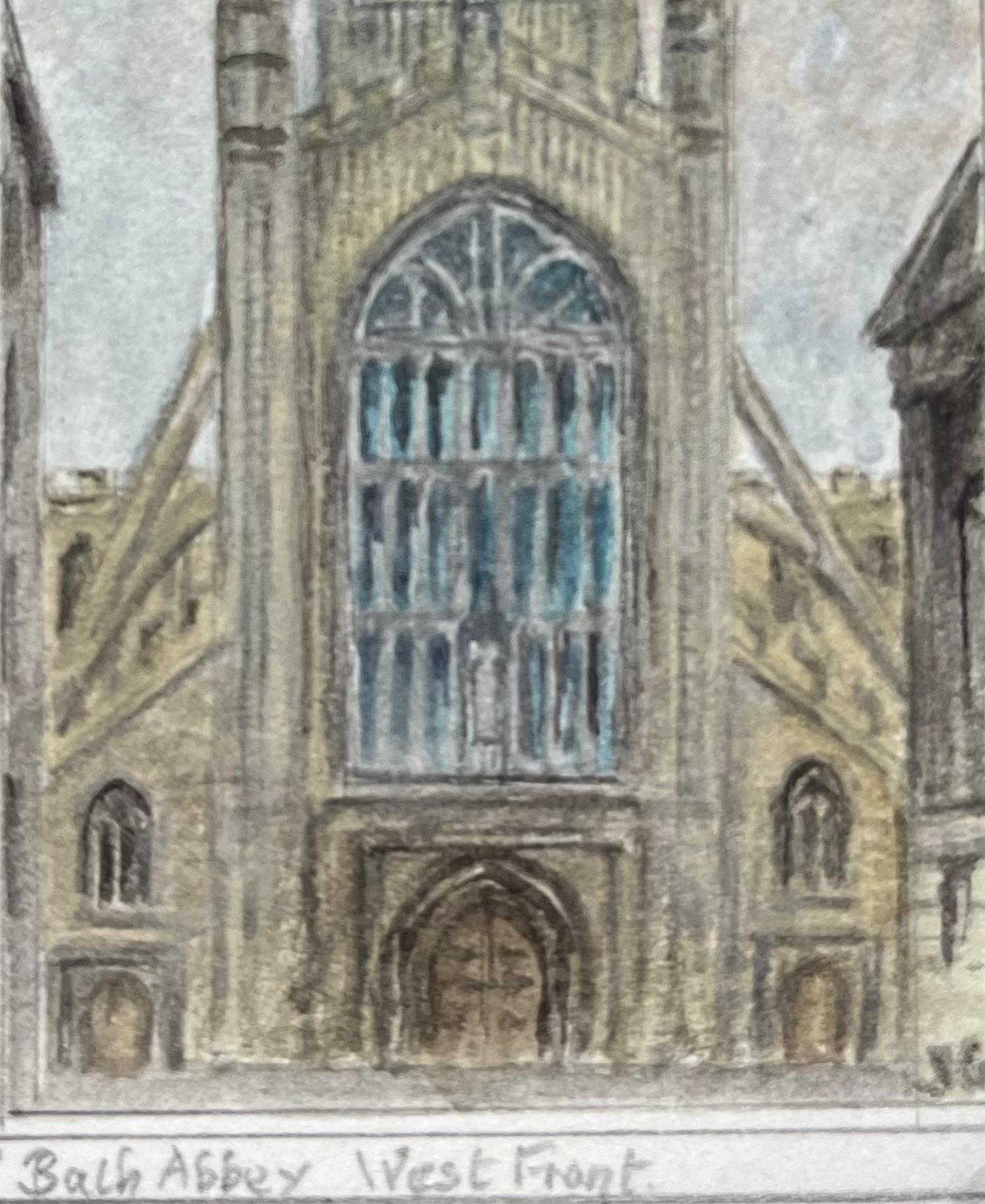 Historic Miniature Watercolor of Bath Abbey View from the West Front - Gray Landscape Painting by Jack Grunwell