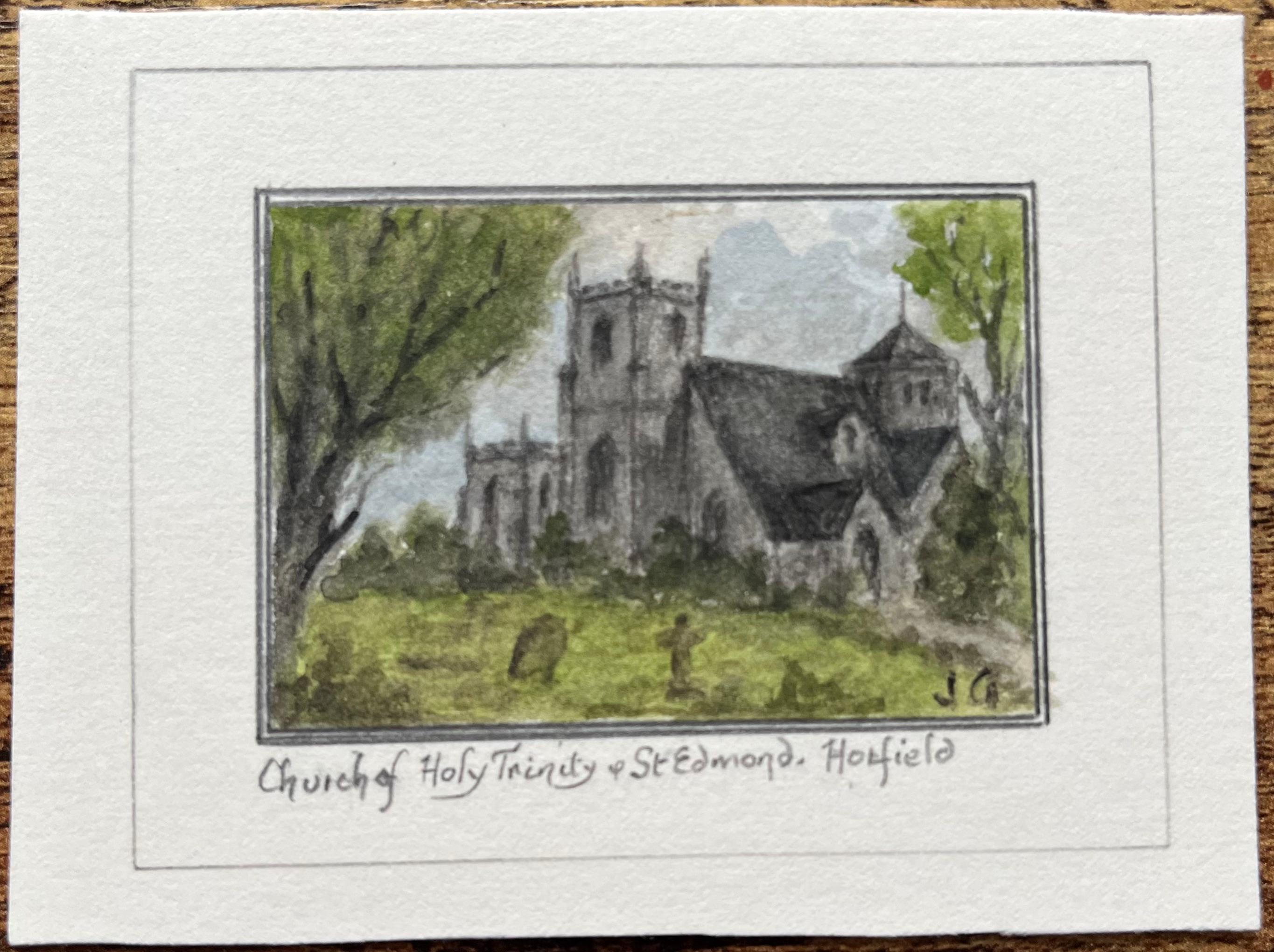Historic Miniature Watercolor of Church of Holy Trinity & St Edmund in Hatfield - Painting by Jack Grunwell