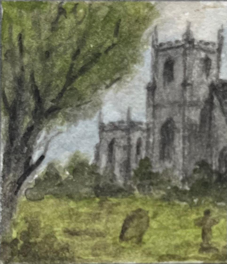 Historic Miniature Watercolor of Church of Holy Trinity & St Edmund in Hatfield - Gray Landscape Painting by Jack Grunwell