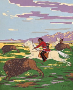 French Gouache Painting of Native American Buffalo Hunt in Colorado