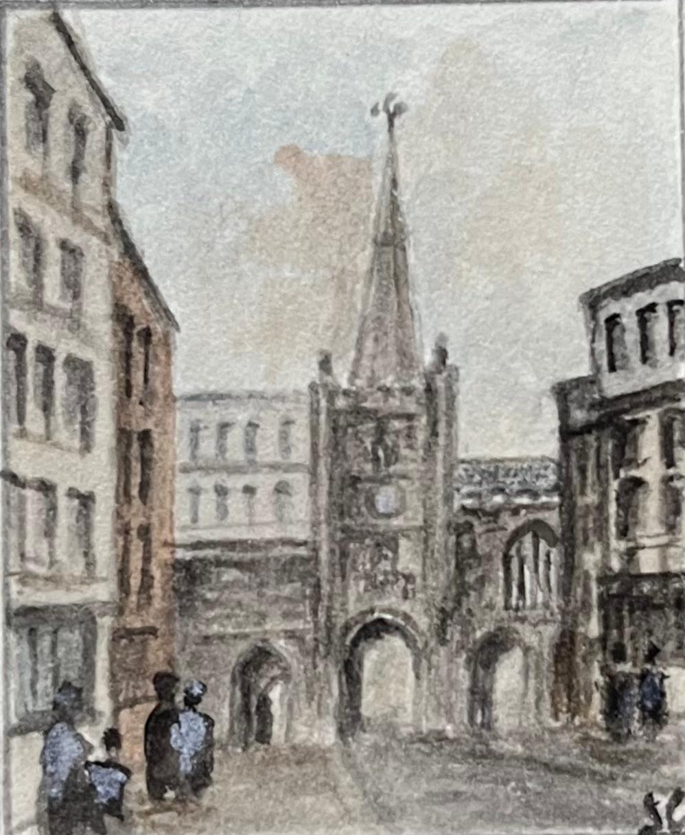 Jack Grunwell Landscape Painting - Historic Miniature Watercolor of St John’s Gate and City Wall in Bristol