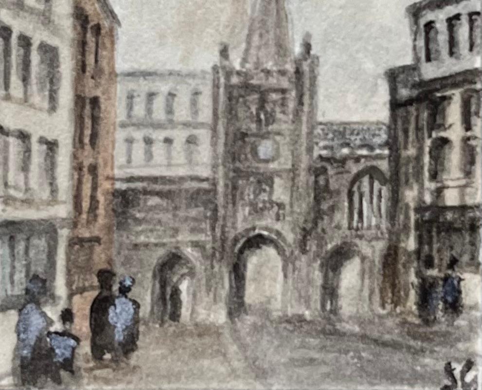 Historic Miniature Watercolor of St John’s Gate and City Wall in Bristol - Gray Landscape Painting by Jack Grunwell