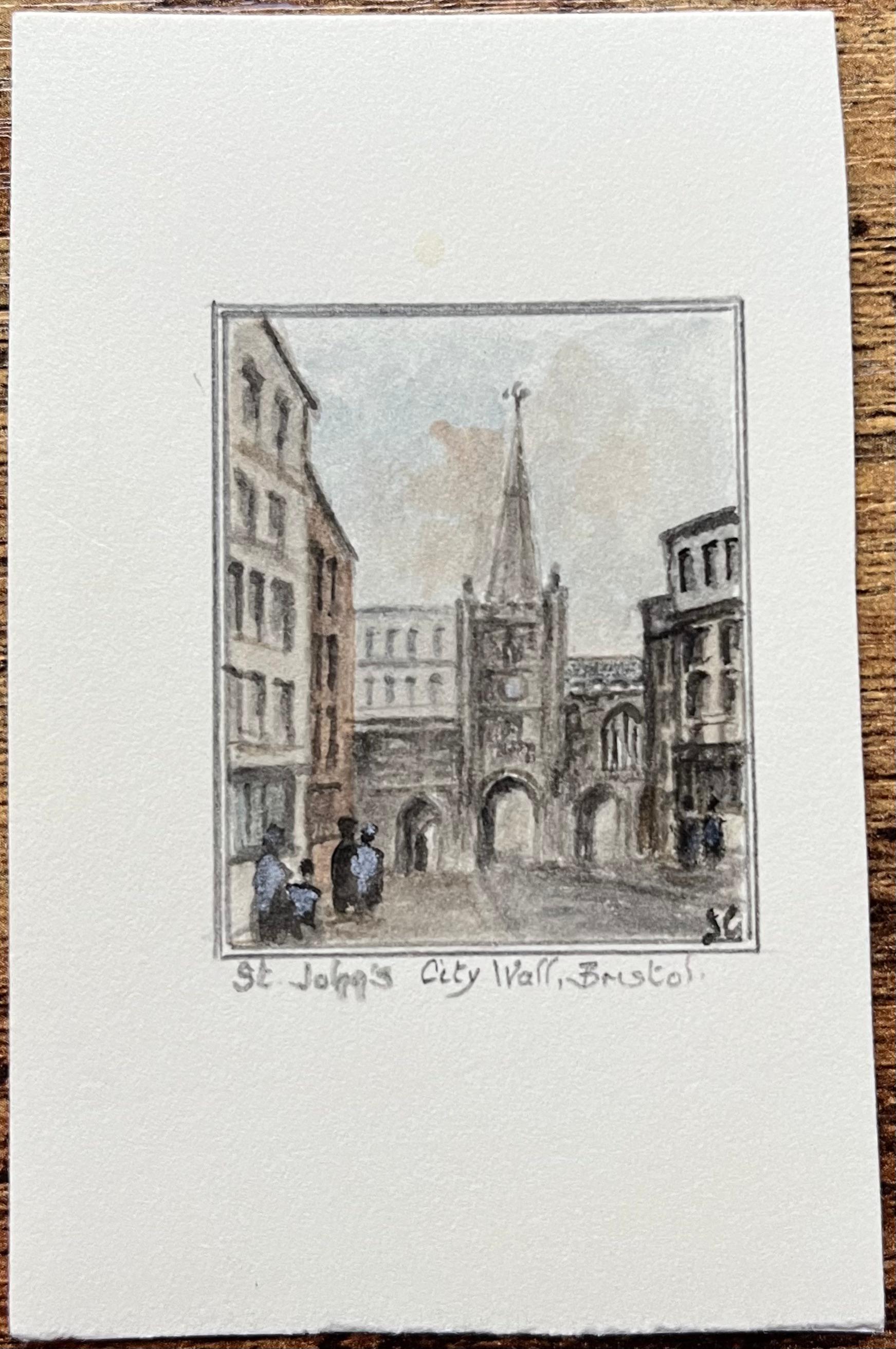Historic Miniature Watercolor of St John’s Gate and City Wall in Bristol - Painting by Jack Grunwell