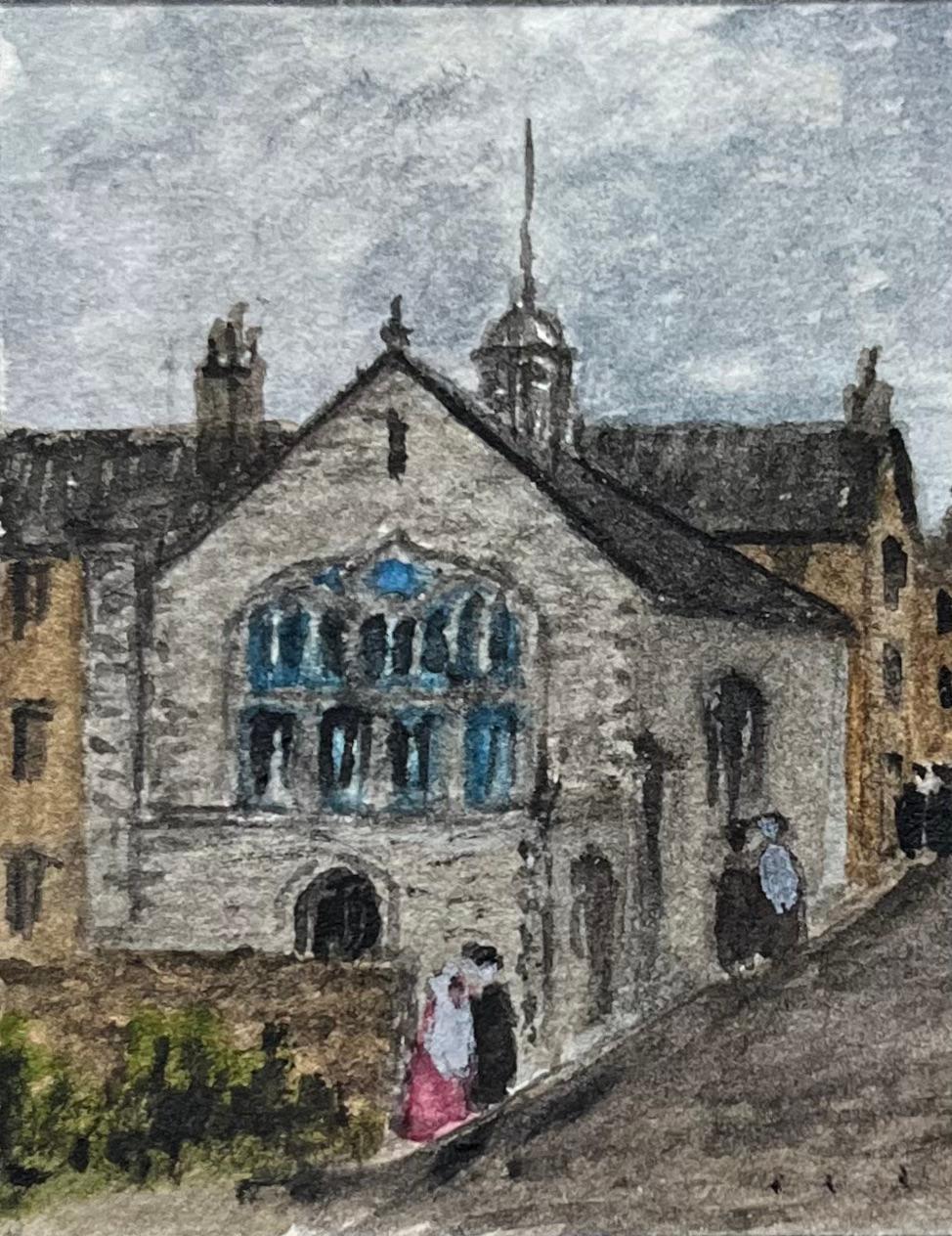 Titel: Historisches Miniaturaquarell der Kapelle der Heiligen Drei Könige in Bristol
von Jack Grunwell, britischer Künstler des 20. 
Medium: Aquarell auf dünnem Karton, ungerahmt
Abmessungen: 2,75 Zoll (Höhe) x 3,5 Zoll (Breite)
Zustand: Sehr gut