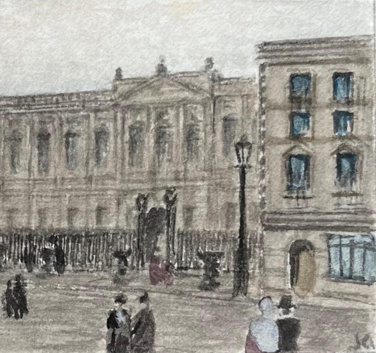 Acquerello storico in miniatura del Bristol Corn Exchange I chiodi di Corn Street - Landscape Painting Grigio di Jack Grunwell