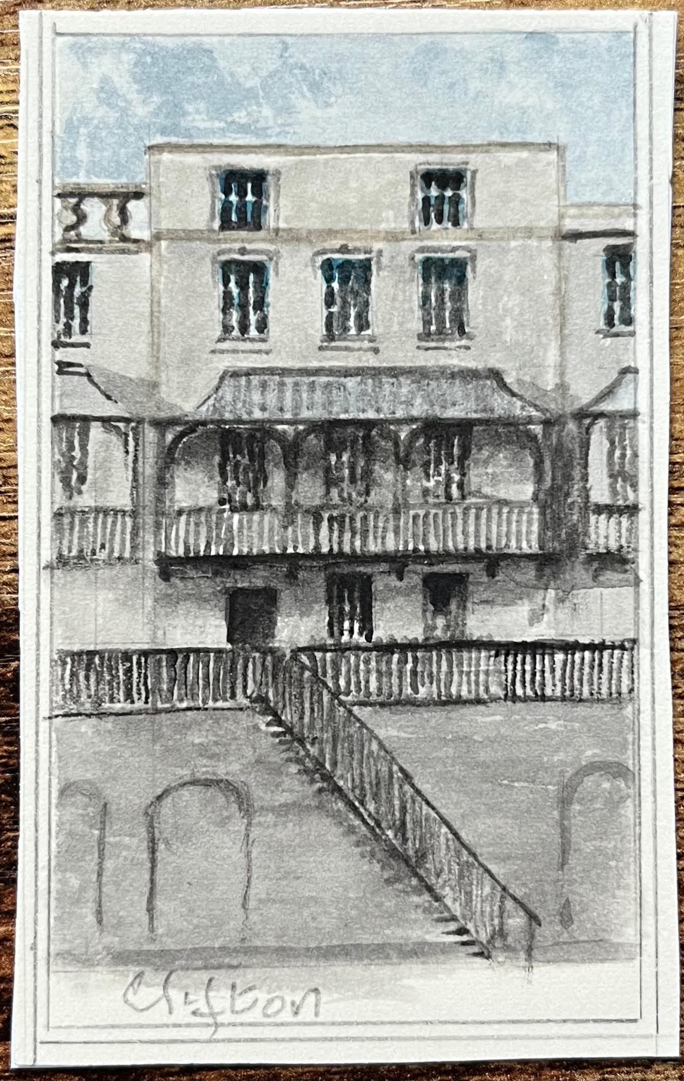 Acquerello in miniatura di un'elegante architettura Regency a Clifton, Bristol - Art di Jack Grunwell