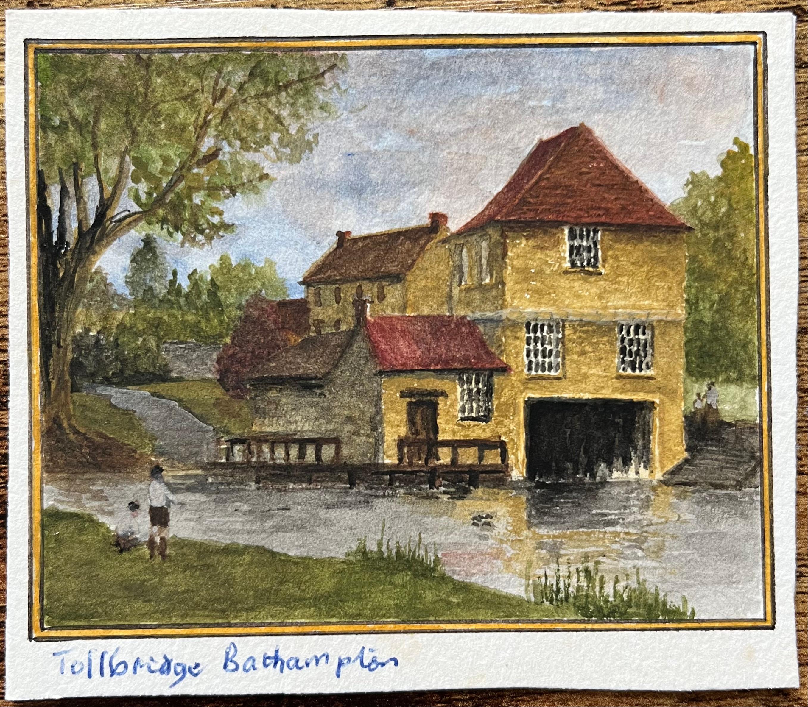 Aquarelle miniature historique du pont à péage historique de Bathampton - Art de Jack Grunwell
