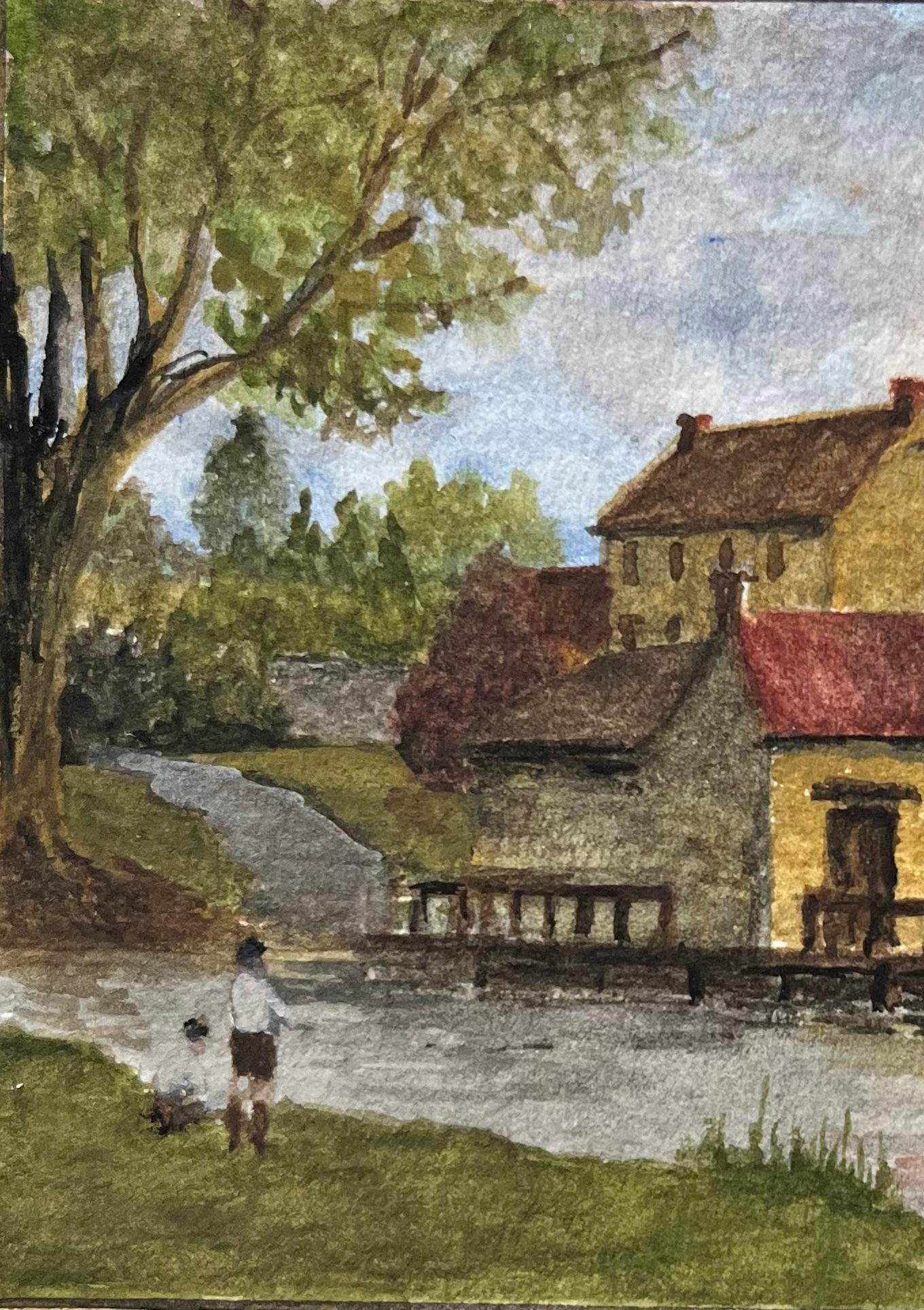 Aquarelle miniature historique du pont à péage historique de Bathampton - Marron Landscape Art par Jack Grunwell