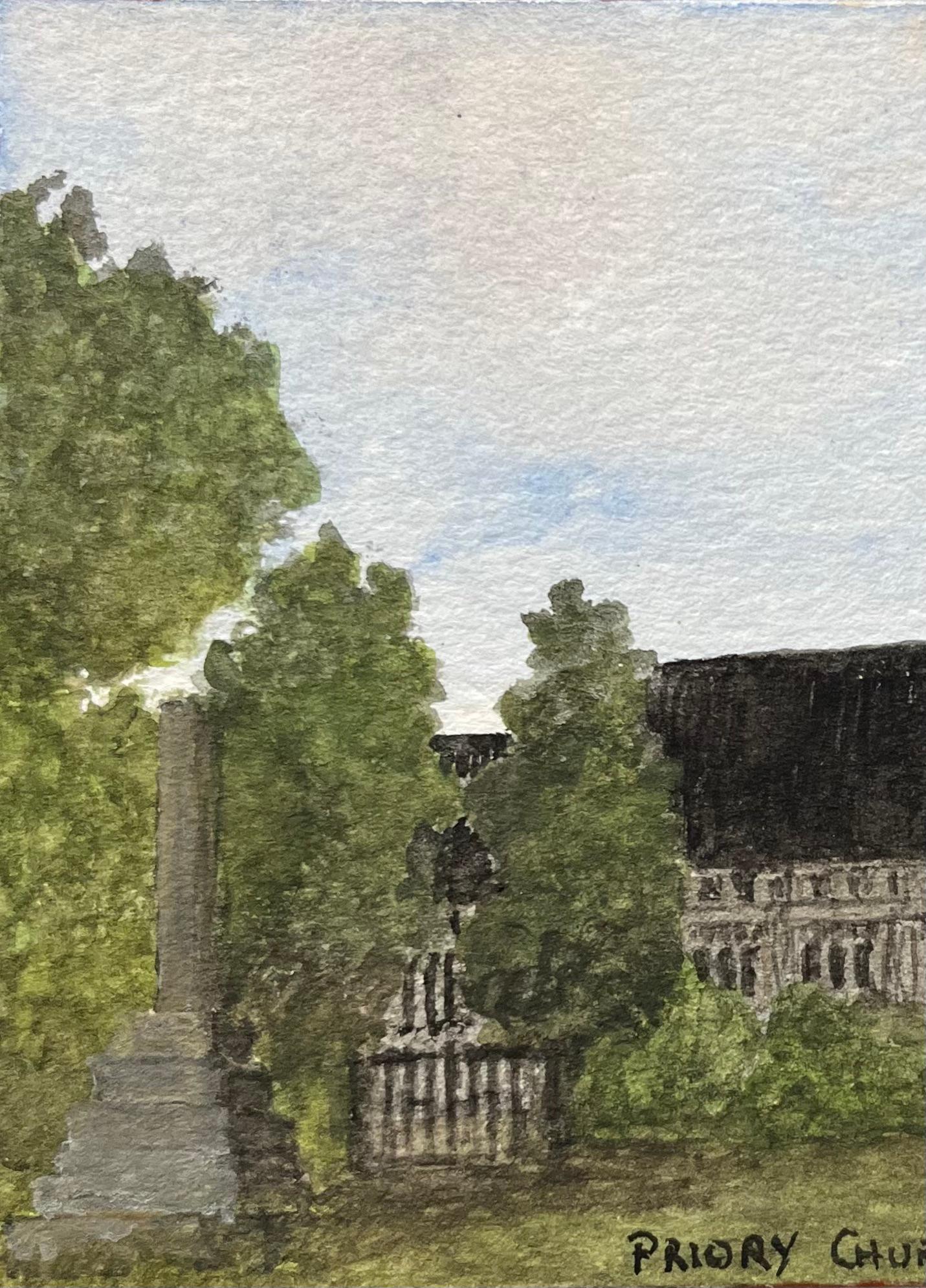 Historisches Miniatur-Aquarell der Priory Church of St. James in Barton (Grau), Landscape Painting, von Jack Grunwell