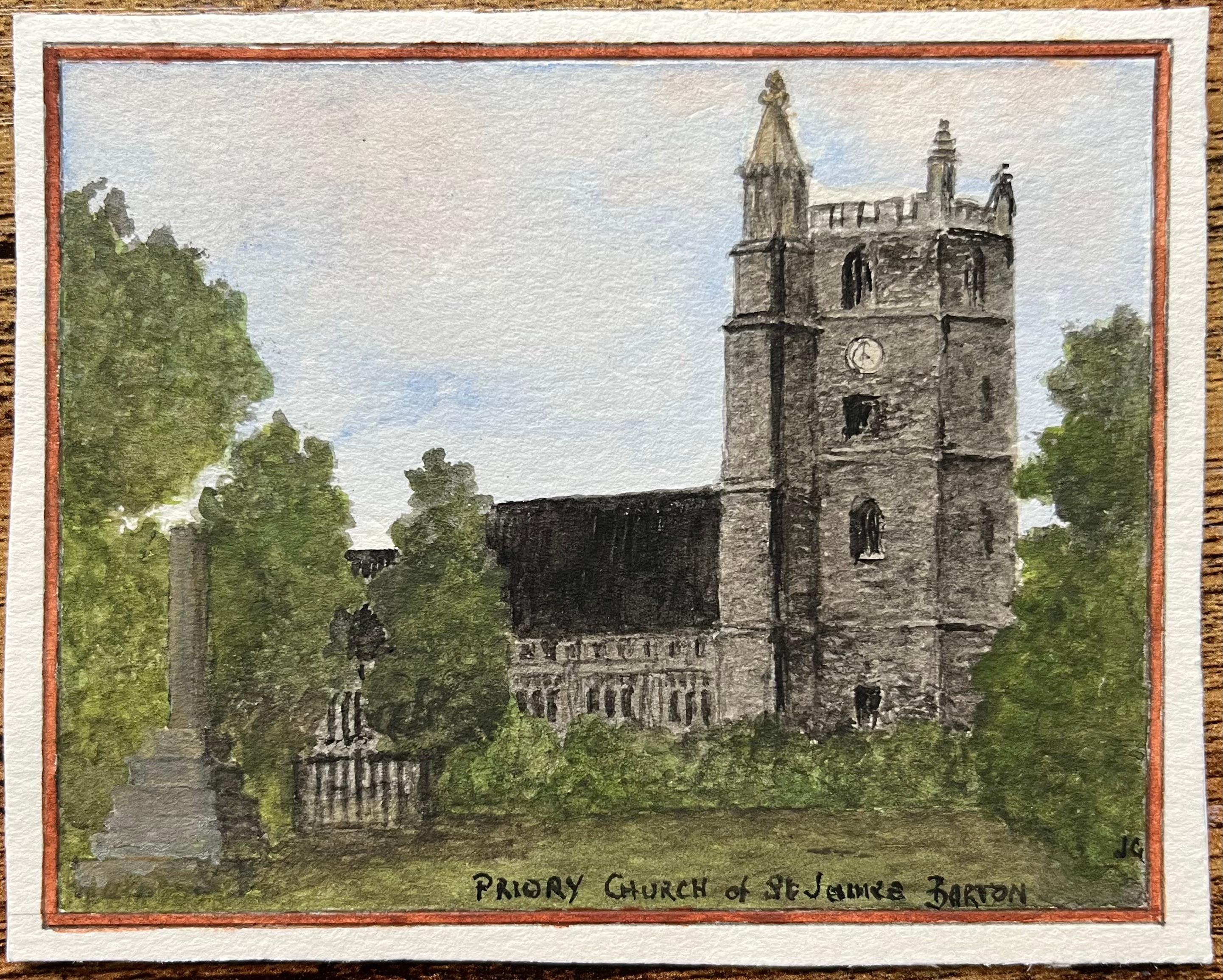 Historisches Miniatur-Aquarell der Priory Church of St. James in Barton – Painting von Jack Grunwell