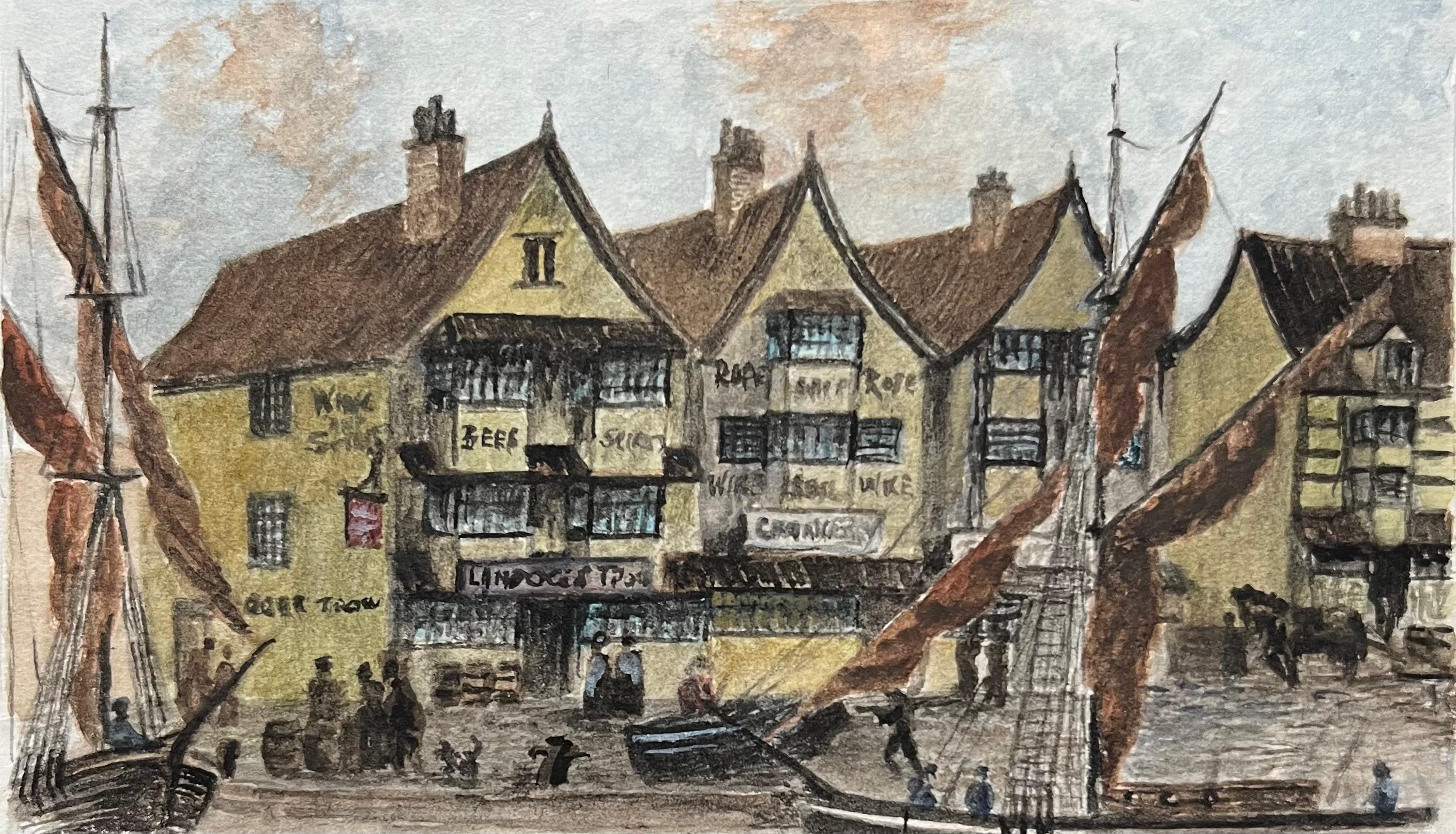Jack Grunwell Landscape Painting - Historic Miniature Watercolor of Llandoger Trow Inn in Bristol and Sailboats