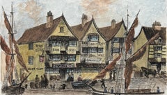 Historic Miniature Watercolor of Llandoger Trow Inn in Bristol and Sailboats