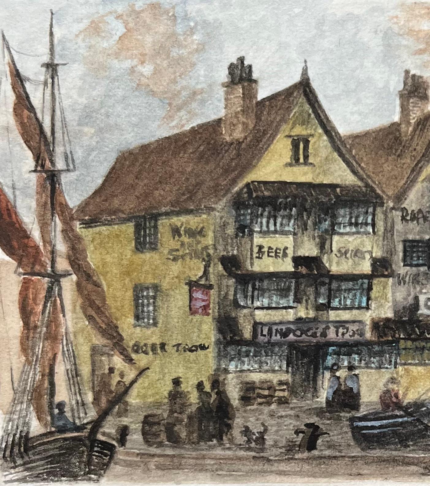 Historic Miniature Watercolor of Llandoger Trow Inn in Bristol and Sailboats - English School Painting by Jack Grunwell