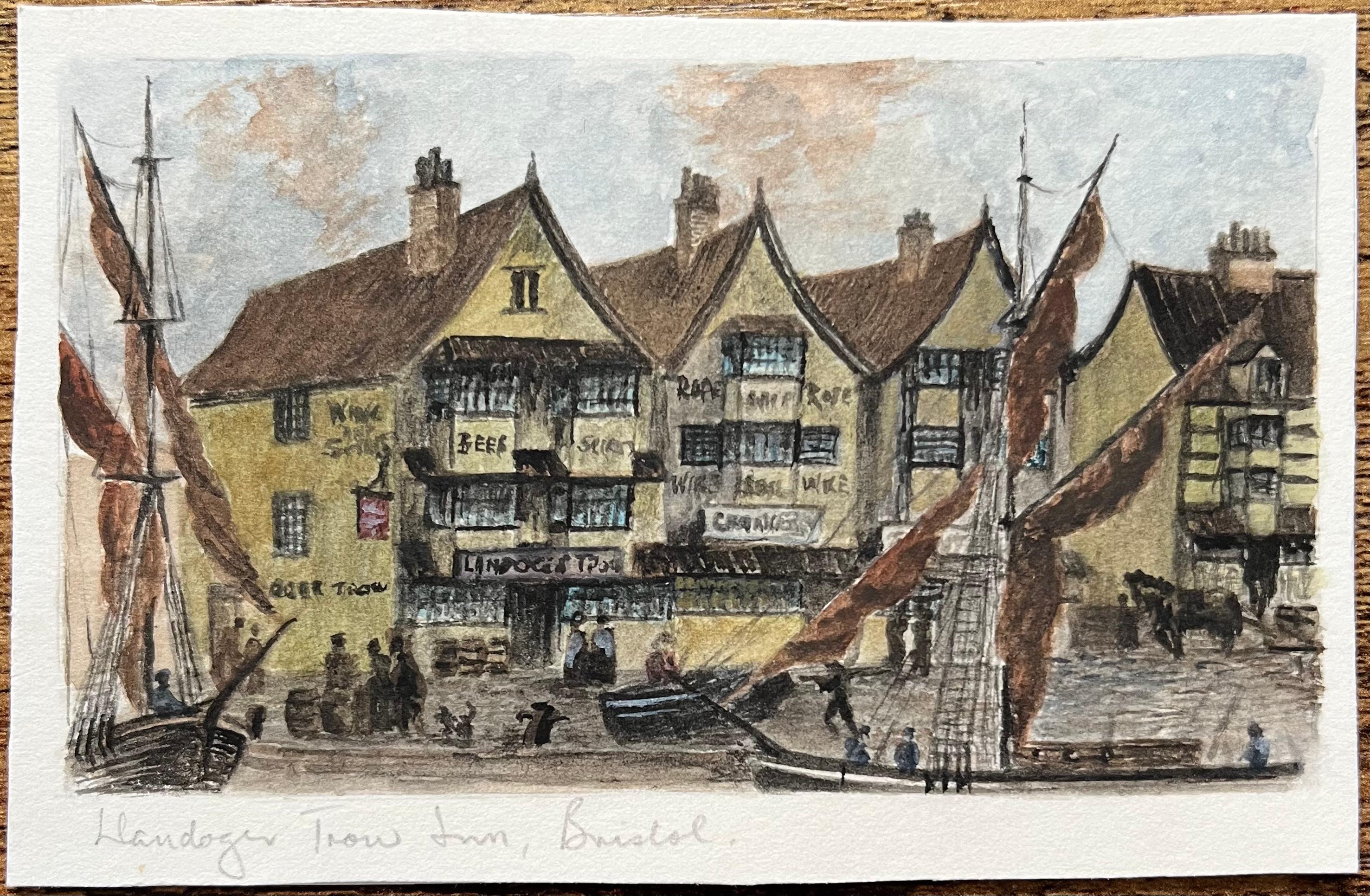 Historic Miniature Watercolor of Llandoger Trow Inn in Bristol and Sailboats - Painting by Jack Grunwell