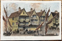 Historic Miniature Watercolor of Llandoger Trow Inn in Bristol and Sailboats