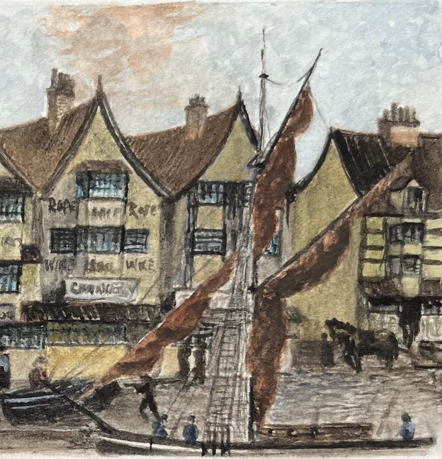 Historic Miniature Watercolor of Llandoger Trow Inn in Bristol and Sailboats - Gray Landscape Painting by Jack Grunwell