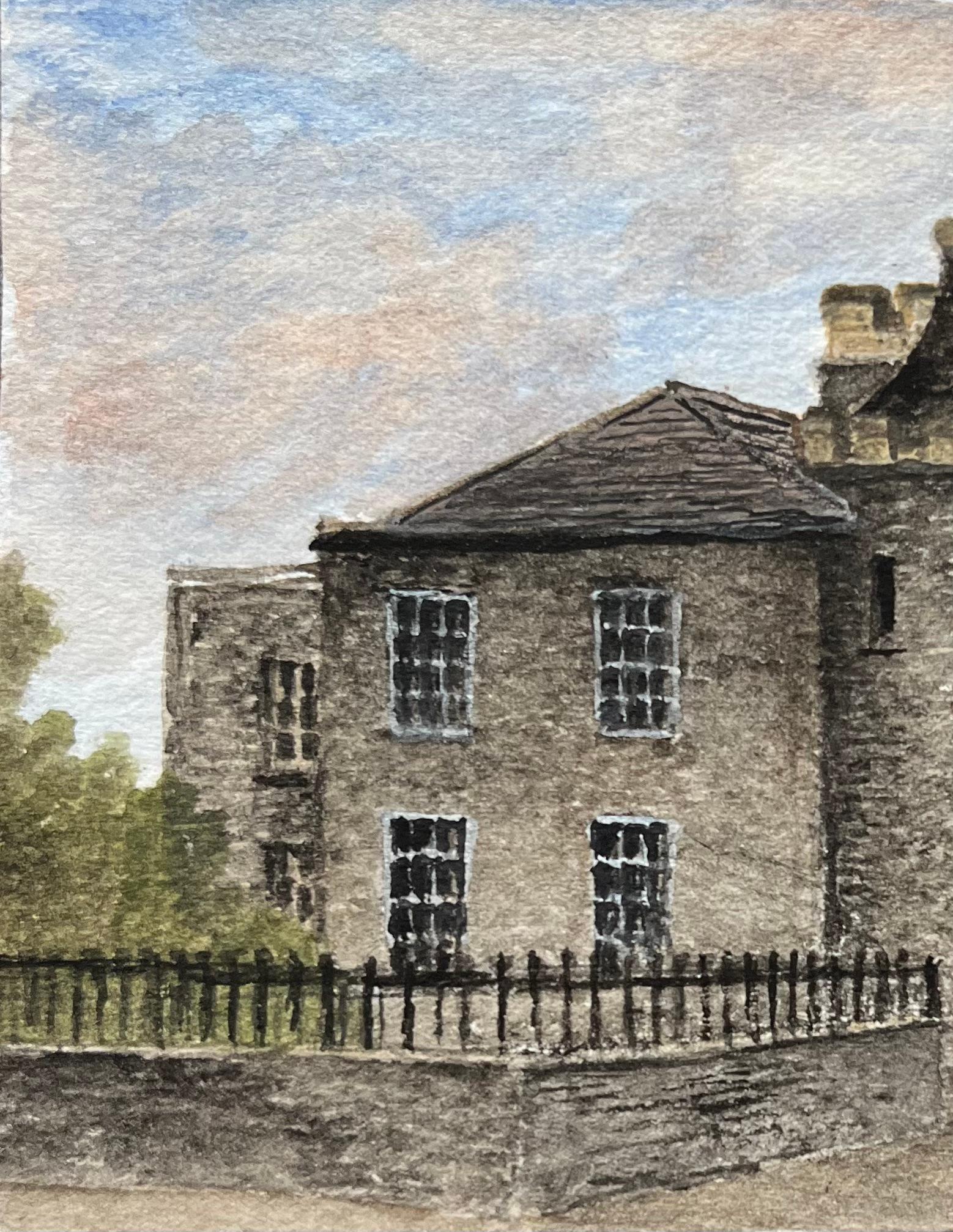 Historic Miniature Watercolor of Westbury College in Bristol - Gray Landscape Art by Jack Grunwell