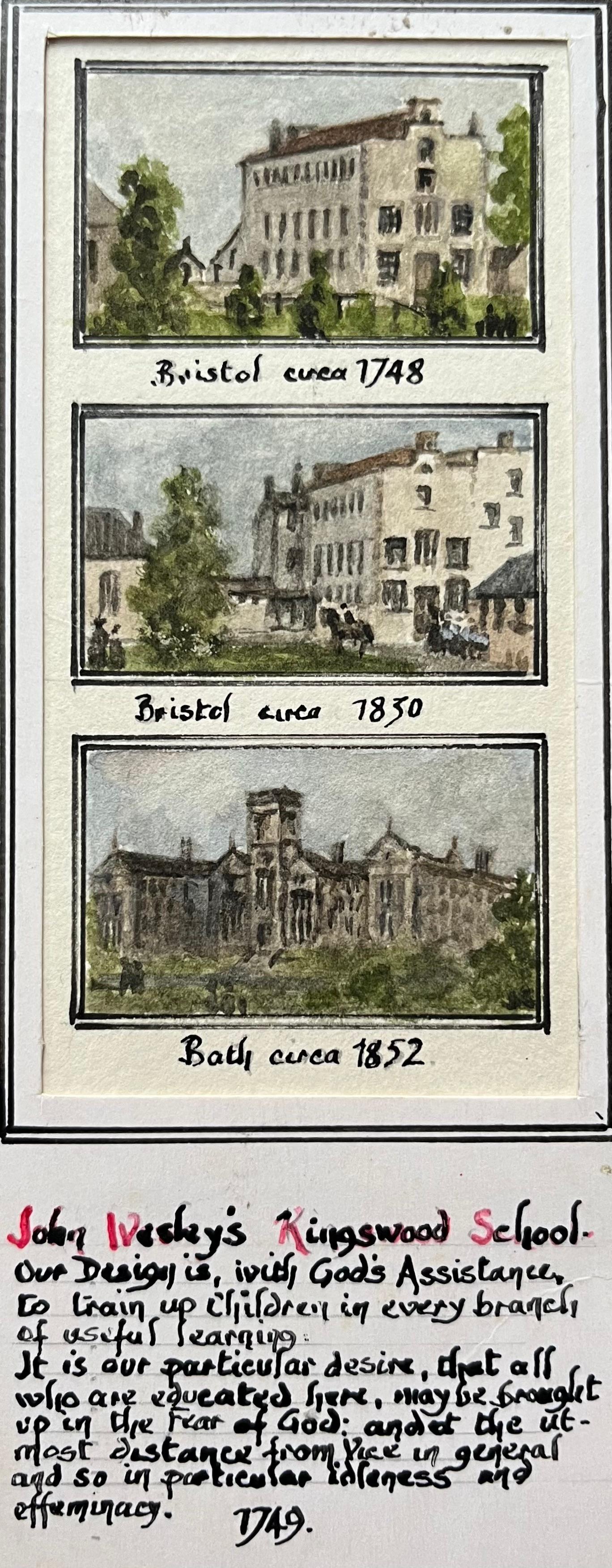 Jack Grunwell Landscape Art - Historic Miniature Watercolor Triptych of John Wesley's Kingswood School